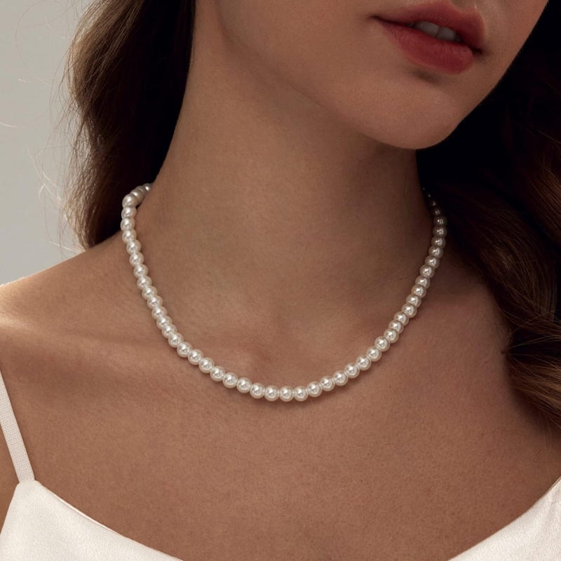 Zeffy Pearl Necklace 4MM/6MM/8MM Dainty Round Imitation Pearl Choker Necklace Wedding Pearl Necklace Delicate Jewelry for Women Simple Bridesmaid Jewelry Gifts - Image 2